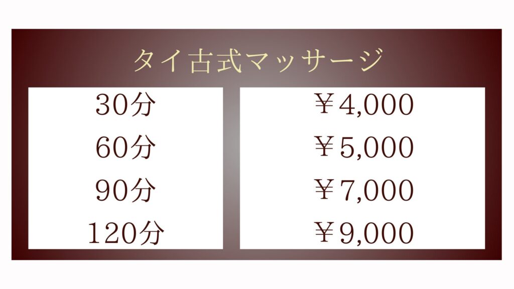 茨城県土浦市中村東のタイ古式マッサージ・ワンジャイのタイ古式マッサージメニュー30分4,000円〜